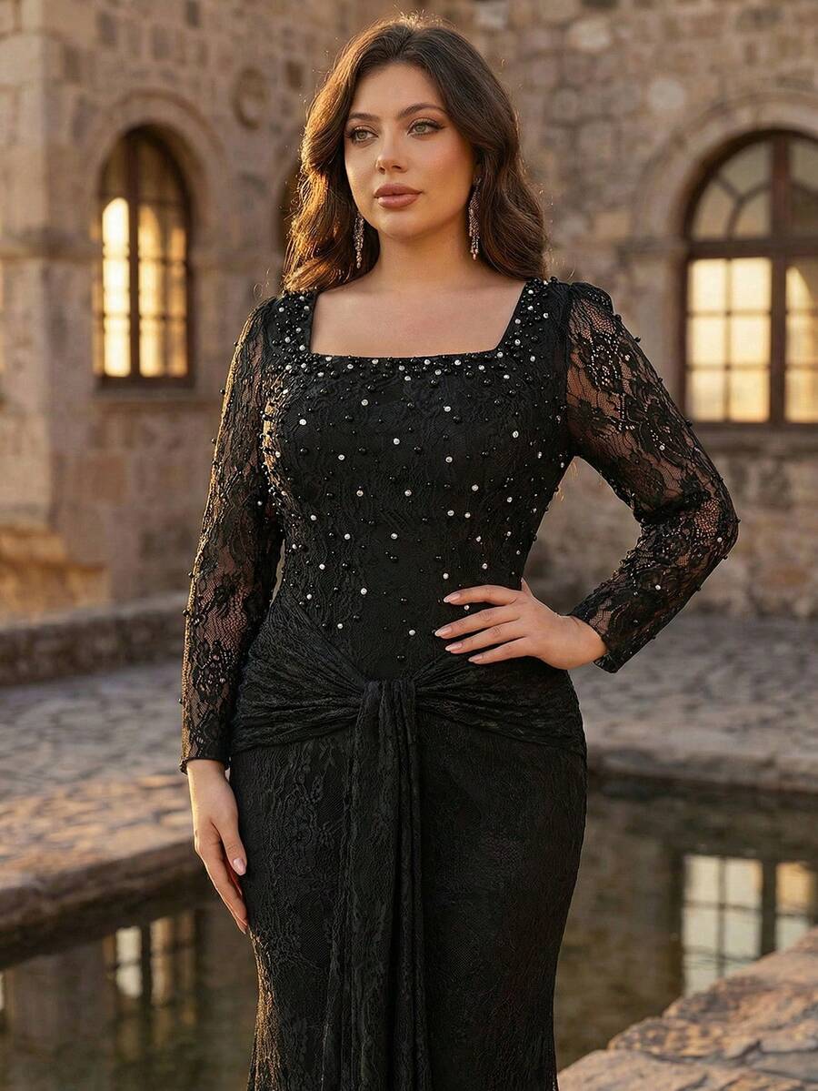 Aureia Plus Size Elegant Romantic Black Square Neck Sheer Long Sleeve Luxury Pearl & Rhinestone Waist Twist Ruffle Mermaid Hem Dress, Suitable For Wedding, Party, Formal Events, Gala (Heavily Embellished Design)