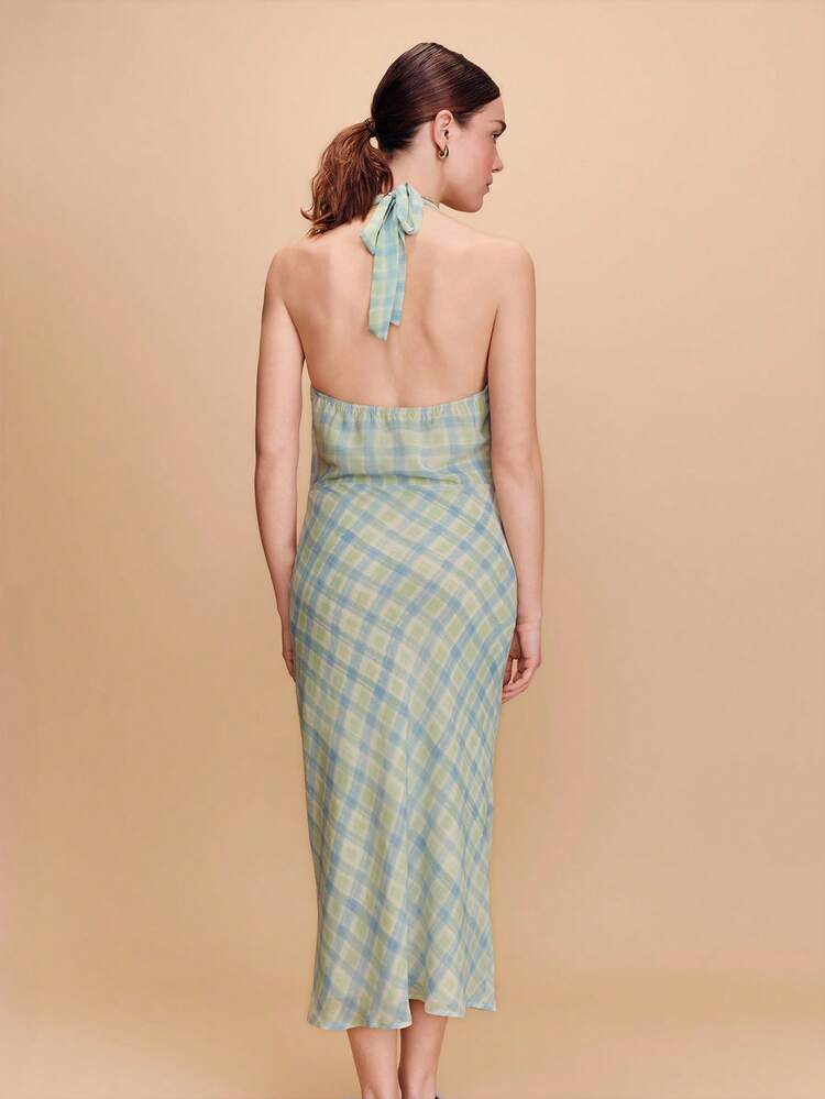Self-Tie V-Neck Two-Tone Gingham Midi Dress, Cute And Chic Vibe, Pretty Spring/Summer For Going Out Spring Summer French Style Parisian Style Vacation Dress Resort Dress Holiday Dress