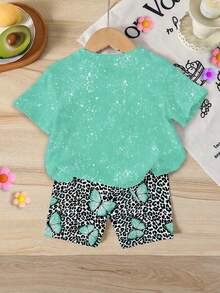 女童圆领短袖蝴蝶印花休闲T恤套装，夏季 - 彩色 - 查看 2