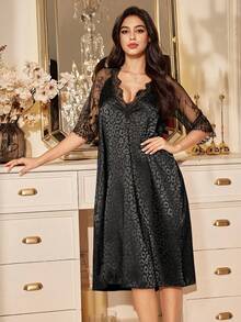 Leopard Print Jacquard Mesh Lace Patchwork Elegant Short Sleeve Women Nightgown - Black - View 4