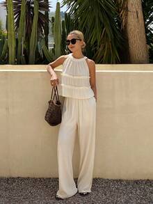 DAZY Women's Solid Color Ruffle Trim Halter Top And Pants Casual 2 Pieces Set Summer Lounge Sets For Women - Beige - View 4