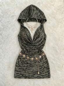 Elamini Women's Retro Spicy Zebra Print Sequin Backless Hooded Bodycon Party Dress Bling Bling Dress Birthday Outfit For Ladies Wow Dress Womens Holiday Clothes - Army Green - View 1