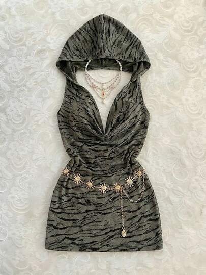 Elamini Women's Retro Spicy Zebra Print Sequin Backless Hooded Bodycon Party Dress