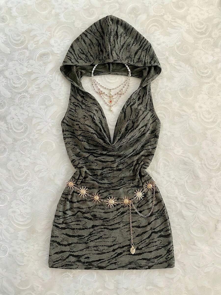 Elamini Women's Retro Spicy Zebra Print Sequin Backless Hooded Bodycon Party Dress Bling Bling Dress Birthday Outfit For Ladies Wow Dress Womens Holiday Clothes - Army Green - View 1