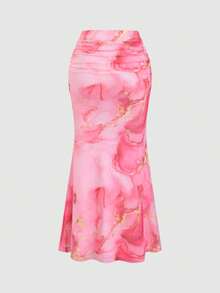 Sweetra Chân váy đuôi cá xếp ly bằng vải chiffon in hoa màu hồng dành cho nữ, kiểu dáng nghỉ mát, thích hợp cho mùa xuân/hè. - Hồng - Xem 2