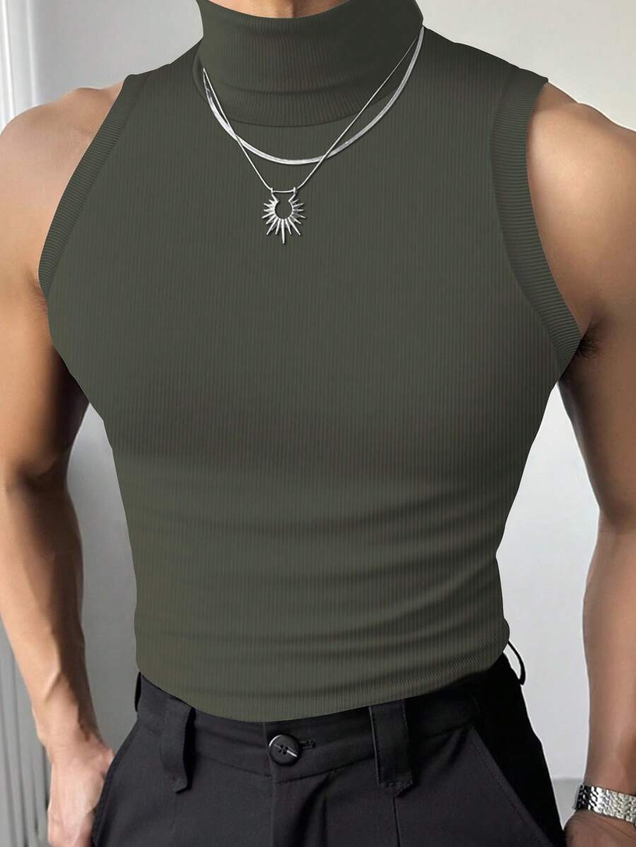 Manfinity Dauomo Men's Solid Color Turtleneck Ribbed Slim Fit Casual Vest - Olive Green - View 1