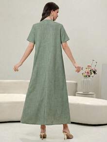 Al Najma V-Neck Loose Short Sleeve Dress, Decorated With Gold Embroidery, Patchwork Solid Color - Green - View 2