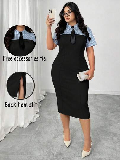 GlowEve CURVE Plus Size Striped Patchwork Shirt Dress, Waist Cinched, Casual Commuter Style, Spring