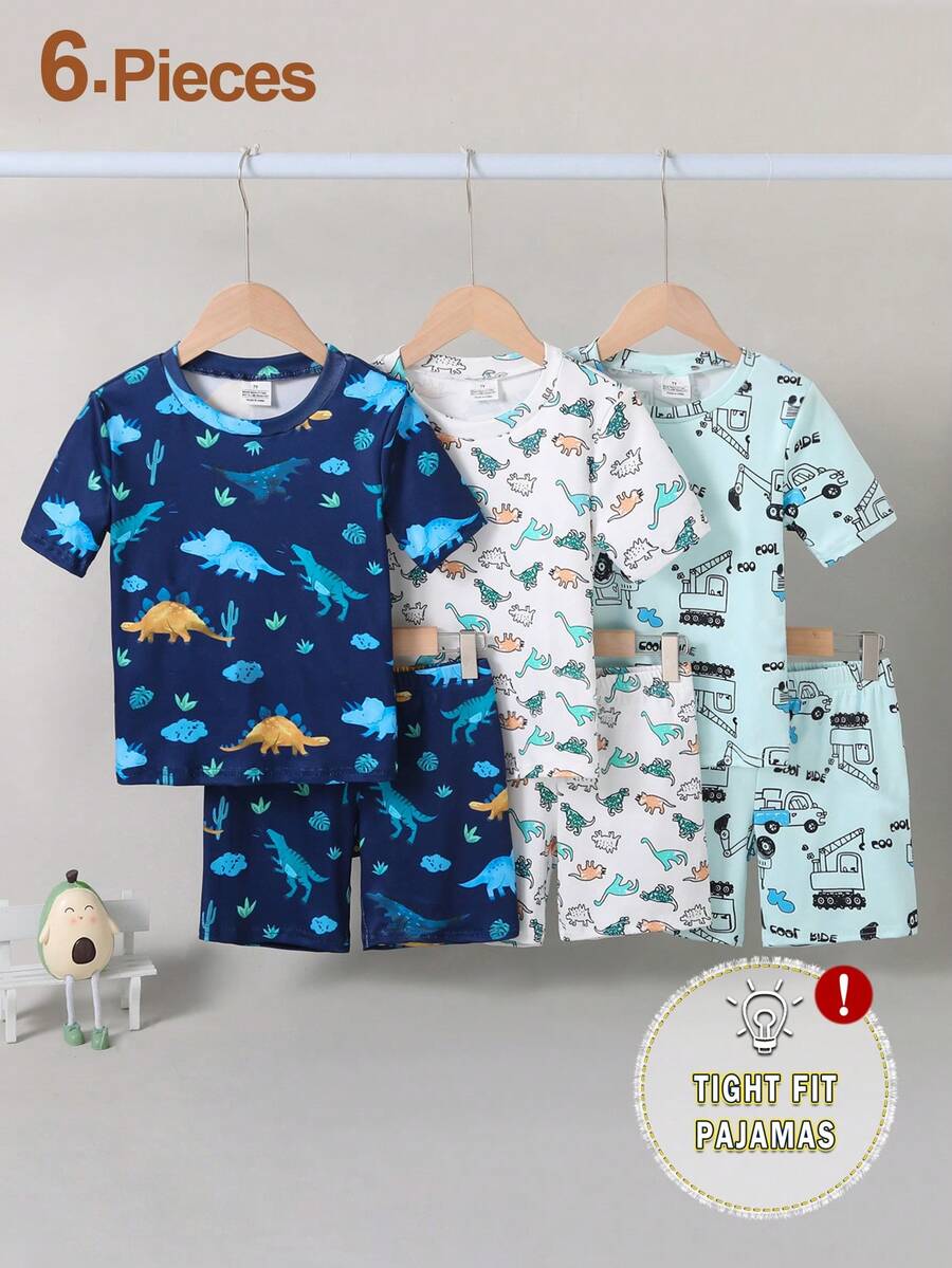 SHEIN Playful Pals 6件套男童卡通车辆和动物印花修身T恤和短裤睡衣套装 - 彩色 - 查看 1