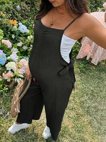 SHEIN 孕妇纯色侧打结休闲连体裤 - 黑色 - 查看 7