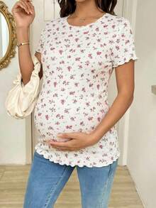 SHEIN Áo thun bầu cổ tròn tay ngắn họa tiết hoa nhí ôm dáng, viền bèo nhún, thích hợp cho mùa hè. - Hồng - Xem 3