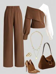 Franclia Plus Size Women's French Style Casual Elegant Long Sleeve Top And Pants 2-Piece Set Fashion Outfit Fall - Coffee Brown - View 2