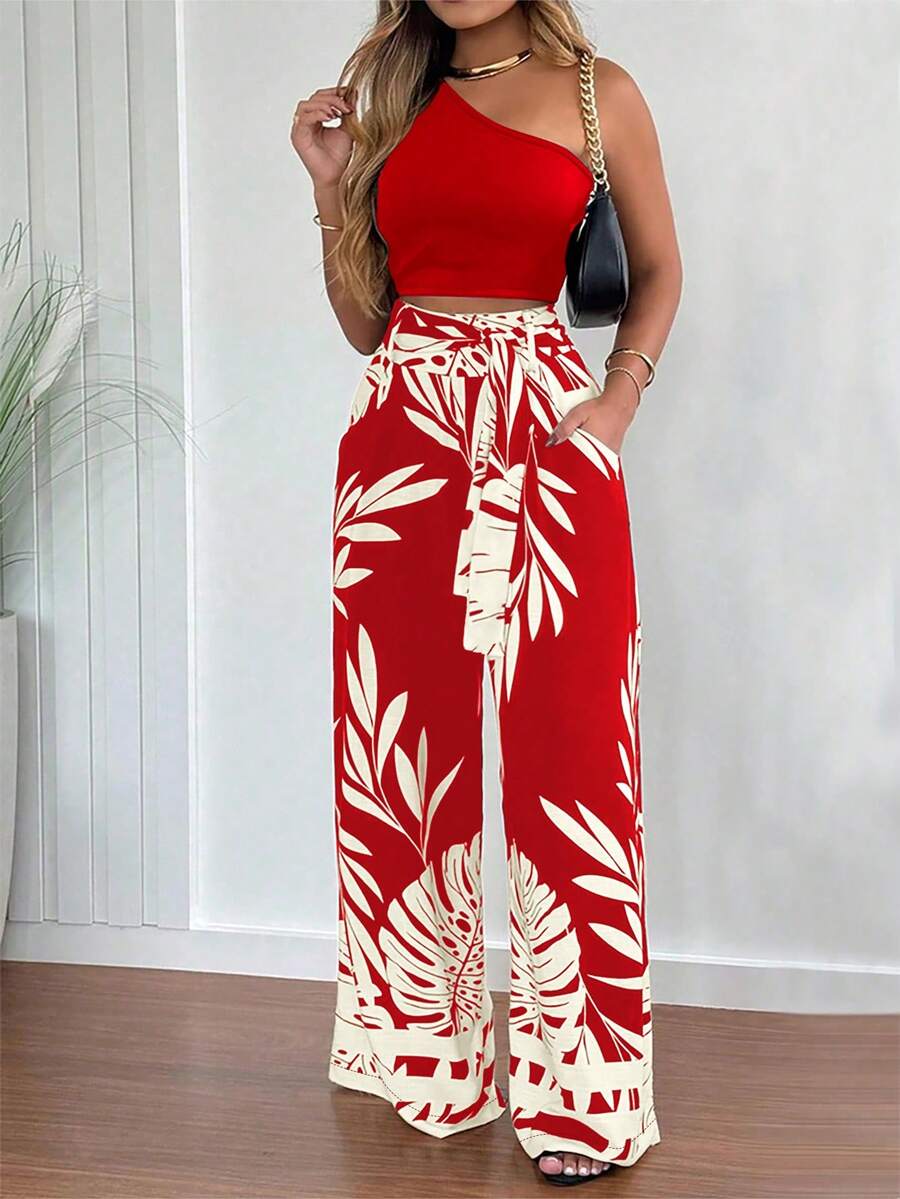 Silhoulove 2件套女士修身系带印花单肩上衣和直筒裤套装 - 紅色 - 查看 1