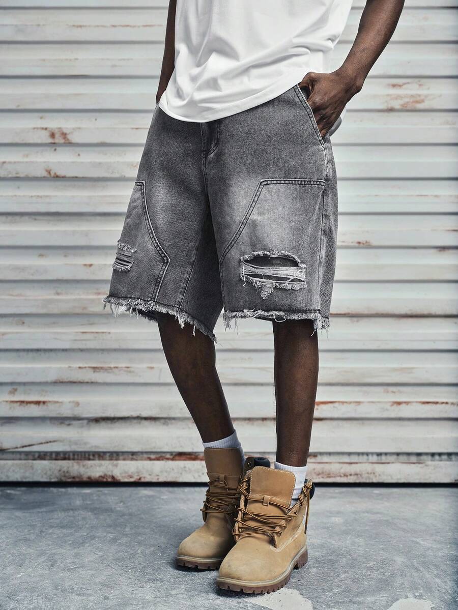 Modcrash Quần short denim nam trơn, viền tua rua, có túi, kiểu dáng thời trang, phong cách retro Mỹ, unisex, dáng rộng thoải mái, phù hợp cho trang phục mùa hè – thích hợp mặc hàng ngày và đi nghỉ hè. - Màu Xám nhạt - Xem 1