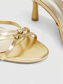 CUCCOO SZL Giày sandal cao gót mũi tròn bằng da PU màu vàng đồng, quai chéo thắt nút, thời trang cho công sở và mặc hàng ngày. - Vàng - Xem 6
