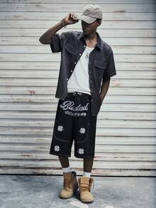 Modcrash GlobeSwift Men's Clover Embroidery Loose Straight Leg Casual Hiphop Bermuda Denim Shorts - Black - View 6