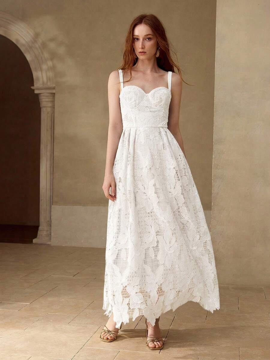 MOTF PREMIUM VESTIDO DE ENCAJE CON PARCHES Y CALADO, PRIMAVERA/VERANO - Blanco - Ver 1