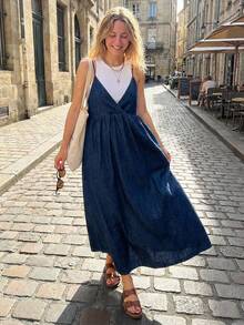 FRIFUL Women's Solid Color Casual Versatile Loose Denim Cami Dress Summer - Blue - View 15