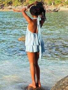 Mima John Women's Elegant Light Blue Halter Tie Mini Dress,Elegant Dresses For Women,Women Dating Dress,Women Night Out Dress,Summer Dresses For Women, Honeymoon Outfits Woman .Women Wedding Guest Dress. Island Vacation Outfits,Wedding Guest Dress Women ,Sun Dresses For Women ,Elegant Dresses For Party, Birthday Dresses For Women - Blue - View 3