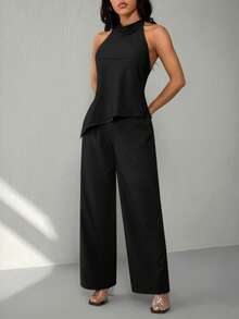 SHEIN PETITE Women's Solid Color Halter Backless Asymmetrical Top & Long Pants 2 Pieces Set,Work Outfits For Women - Black - View 4
