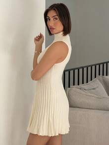 IamThia Váy dệt kim mini không tay chữ A cổ đứng tối giản dành cho nữ - trắng - Xem 5