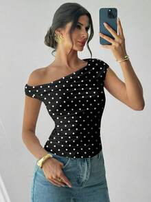 Firerie Áo croptop nữ thanh lịch, bất đối xứng, xếp ly, kiểu dáng vintage chấm bi, thích hợp cho kỳ nghỉ, dạo phố, đi làm. - màu đen - Xem 8