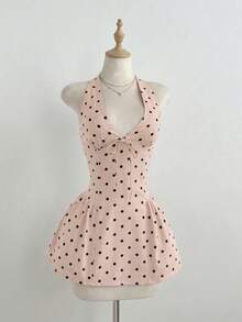Flirla Damen Leicht Grau Polka Punkt Schleifen Kurzes Kleid - Babypink - Übersicht 4