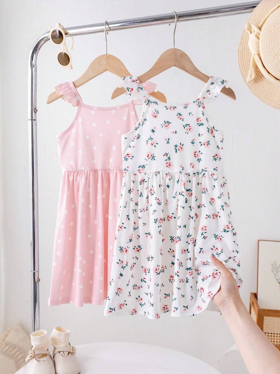 SHEIN Genkimix Kids 2件組少女花卉印花荷葉袖A字鬆緊腰洋裝,休閒日常、海灘、度假、夏季適用 - 淺粉色 - 查看 1