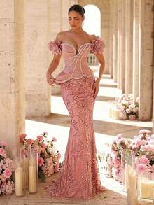 Glamrae Elegant Luxurious Beaded,Sequin & Embroidered One-Shoulder Mermaid Dress With 3D Floral Sleeves,Suitable For Bridal,Mother Of The Bride Formal Gowns - Dusty Pink - View 4
