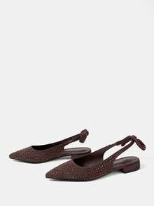 CUCCOO HITCHD 欧美新款时尚棕色水钻绒面尖头平底女鞋，后系带蝴蝶结套脚鞋，百搭舒适，优雅时尚，超大号精美凉鞋 - 咖啡 - 查看 9