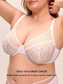 LUVLETTE 大码女士内衣全罩杯聚拢透气钢圈性感无衬里刺绣蕾丝浅蓝色白色婚纱新娘文胸网纱蕾丝文胸显瘦文胸 - 藍色 - 查看 2