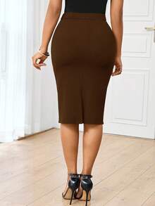 SHEIN Lady Chân váy chữ A trang trí nút màu trơn thanh lịch dành cho nữ - Cà phê nâu - Xem 2