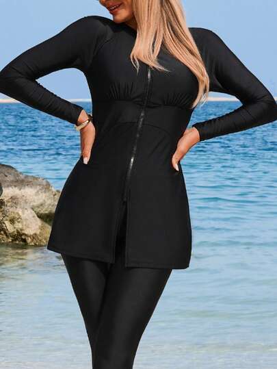 Swim Mulvari 女士纯色拉链长袖上衣和长裤休闲度假比基尼两件套泳衣