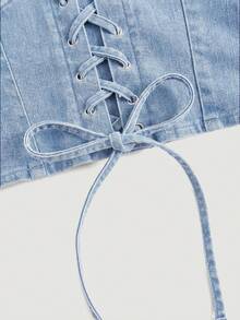 SHEIN MOD Women's Sexy Halter Neck Denim Top With Eyelet Lace-Up Design - Light Wash - View 3