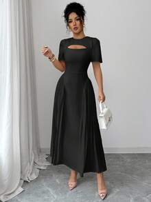 Elenzga Vestido midi de mujer de unicolor con cuello redondo, cintura hueca plisada, estilo princesa vintage con mangas abullonadas, color albaricoque, elegante, estilo francés retro romántico y minimalista, adecuado para oficina, viajes, negocios, casual, playa, citas, nueva llegada de primavera/verano - Negro - Ver 5