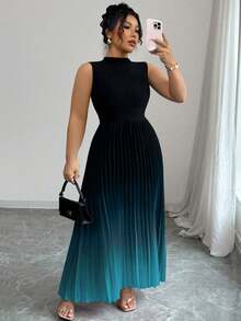 Elenzga Sleeveless High Neck Pleated Ombre Floral Print Plus Size Dress - Cadet Blue - View 1