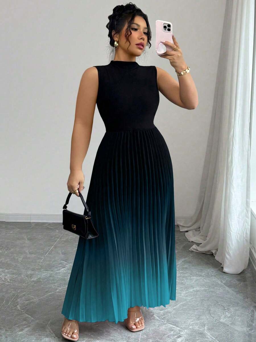 Elenzga Sleeveless High Neck Pleated Ombre Floral Print Plus Size Dress - Cadet Blue - View 1