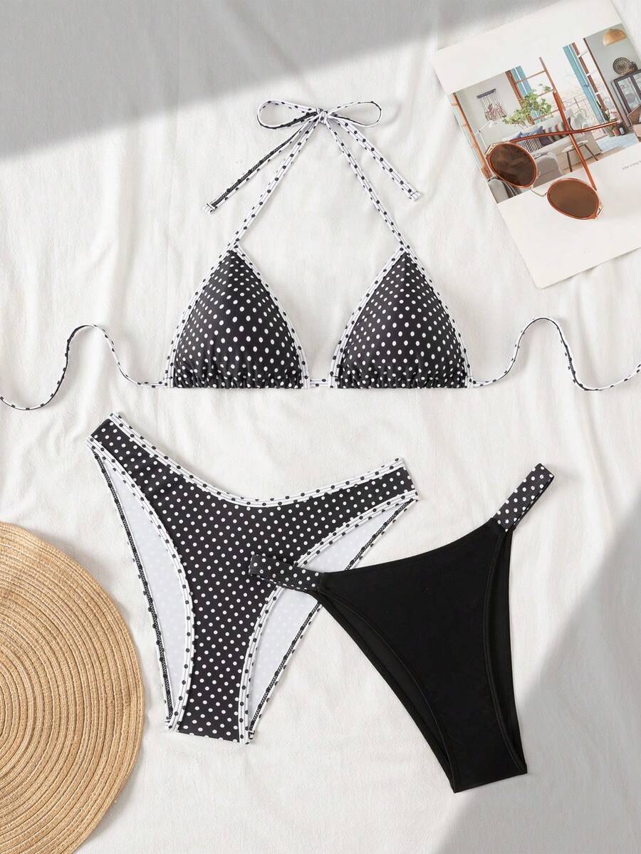 Swim Mod Women's Printed Spaghetti Strap Criss-Cross Back 3 PiecesSwimwear - Black and White - View 1