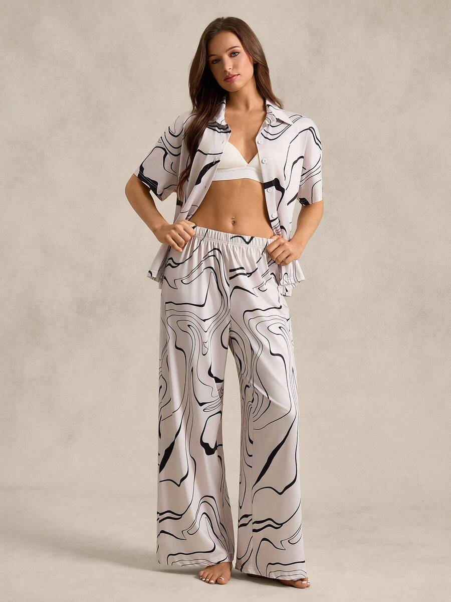 Women's British Style Curve Print Short Sleeve Pajama Set With Cardigan - Apricot - View 1