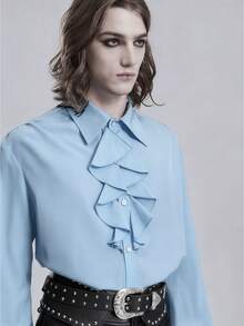 ROMWE MEN Goth Áo sơ mi nam dài tay màu trơn, cài một hàng khuy, viền bèo nhún - Màu xanh nhạt - Xem 4