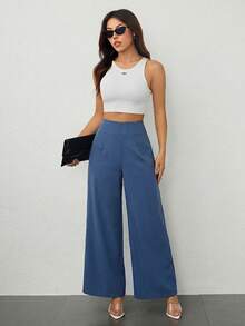 SHEIN PETITE Quần ống rộng cạp cao, chất liệu vải dệt, đơn giản, thoải mái dành cho nữ mùa tựu trường, phong cách cổ điển, thích hợp đi làm. - Màu xanh bụi bặm - Xem 3