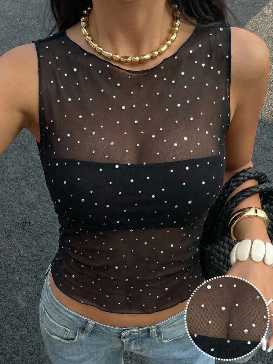 SHEIN EZwear Women's Fashionable Mesh Sheer Polka Dot Sleeveless Top, Summer - Black - View 1