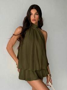 SHEIN Tall 优雅的浅黄色无袖系领迷你连衣裙，适合派对、约会、秋冬季和春夏季穿着。 - 軍綠色 - 查看 5