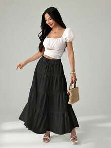 SHEIN PETITE 女款休閒度假多層蛋糕裙，百搭休閒優雅，適合春夏與秋冬，適用於假期與約會，適合嬌小女性 - 黑色 - 查看 3