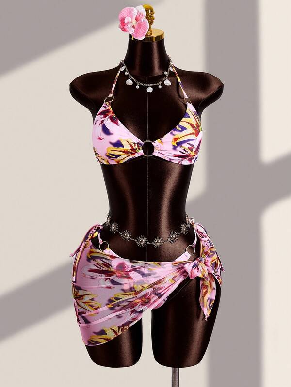 Zestiva Conjunto de bikini sexy con estampado floral, escote halter y lazos para mujer, ideal para playa de verano
