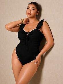 Elaquor Plus Size Color Block Trim One-Piece Swimsuit, Vacation & Beach Summer - Black - View 6