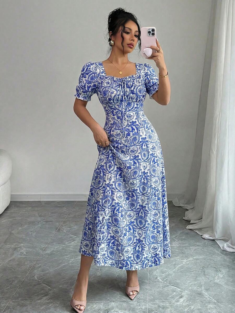 Rafferiza 女士优雅印花方领连衣裙，荷叶边饰边，荷叶袖，适合春、夏、秋季穿着的短款连衣裙 - 彩色 - 查看 1