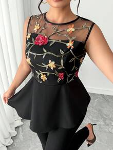 Elenzga Plus Size Women Mesh Embroidered Tank Top, French Vintage Dark Rose, Sleeveless Mesh Embroidered Top, Black Base Red Rose Embroidered Sleeveless , Waist Cinching Mesh Patchwork Slim Fit Tank Top, Suitable For Valentine's Day Date, Small Gatherings, Afternoon Tea Designer Top Women Mesh Top Women Embroidered Top Women Peplum Top - Black - View 5