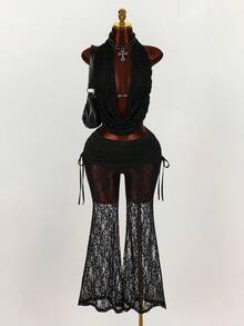 Amplova Low-Waist Sexy Sheer Flare Pants - Black - View 1