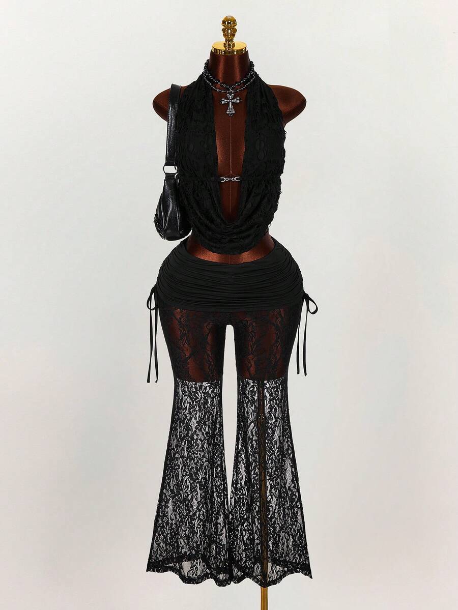 Amplova Low-Waist Sexy Sheer Flare Pants - Black - View 1